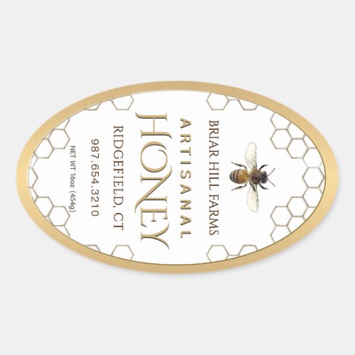 Honey Label with honeycomb bee and gold border