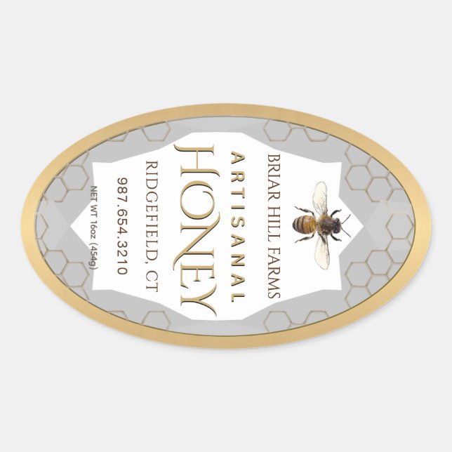 Honey Label with honeycomb, bee and gold border (Front)