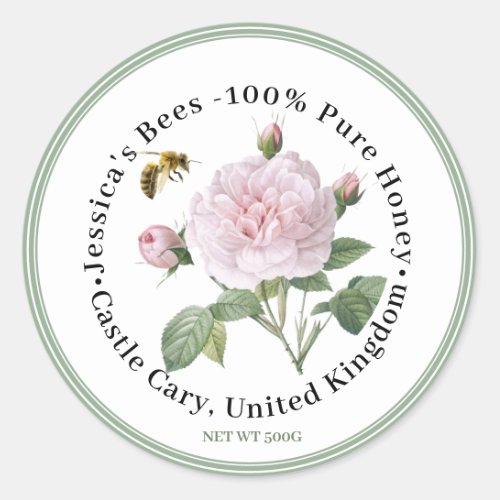 Honey Label with Pink Rose Bee and Green Border