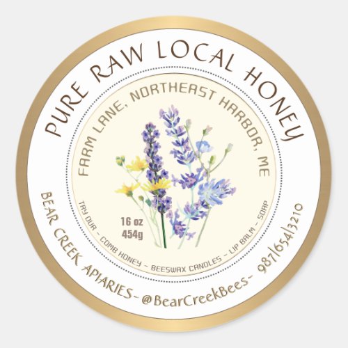 Honey Label with Wildflowers and Gold Border