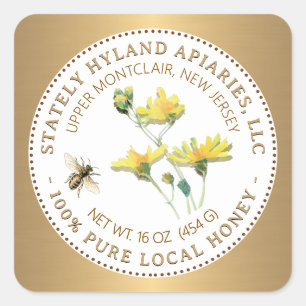 Honey Label Yellow Flower Bee and Gold Border