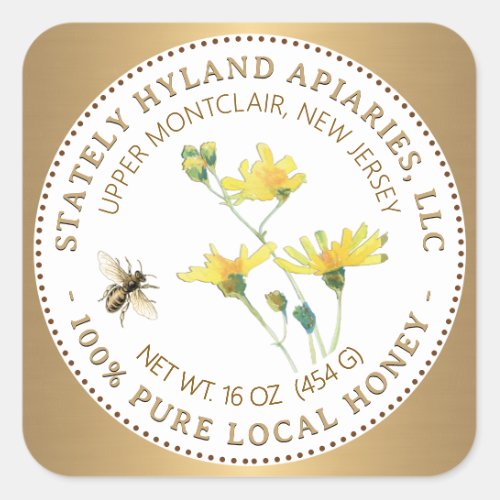 Honey Label Yellow Flower Bee and Gold Border