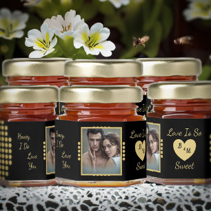 Honey Love Is Sweet Couple Photo Gold Black Custom Jar Favors