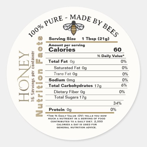 Honey Nutrition Facts 100 PURE with Honeybee Classic Round Sticker