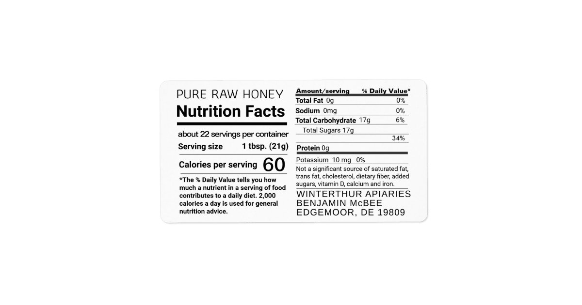 Honey Nutrition Facts Apiary Name shipping label | Zazzle.com
