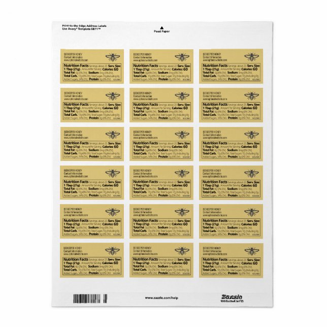 Honey Nutrition Facts Beekeeper Logo Gold Label (Full Sheet)