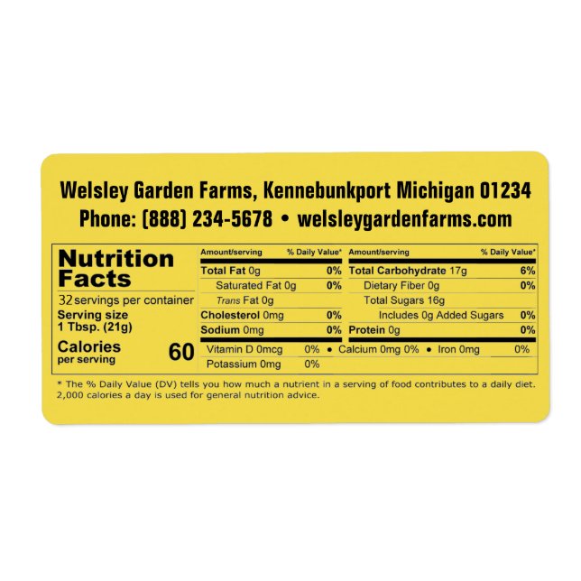 Honey Nutrition Facts & Business Info Product Label (Front)