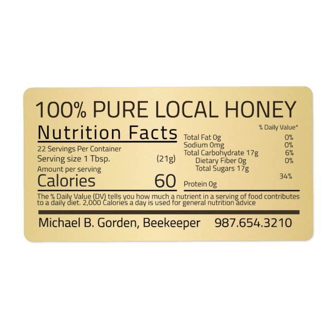 Honey Nutrition Facts Gold Shipping Label  (Front)