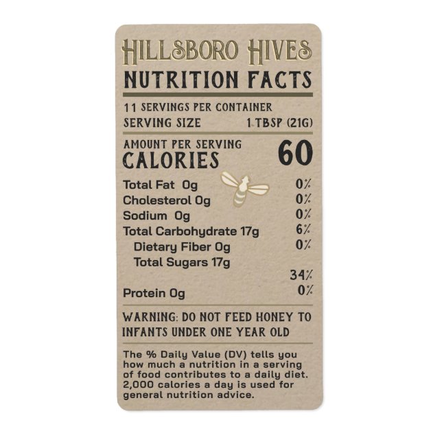Honey Nutrition Facts Infant Warning Apiary Name   Label (Front)