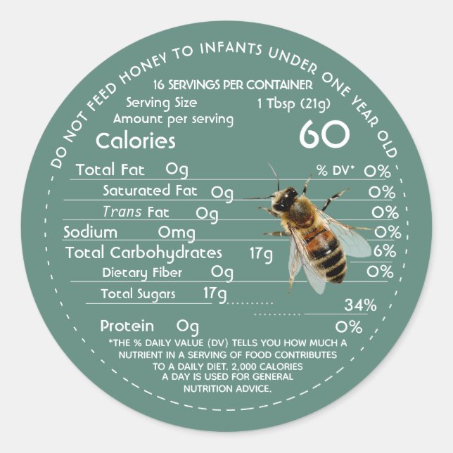 Honey Nutrition Facts Infant Warning & Bee Green Classic Round Sticker (Front)