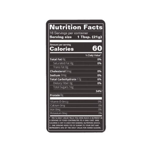 Honey Nutrition Facts Jet Black Product Label