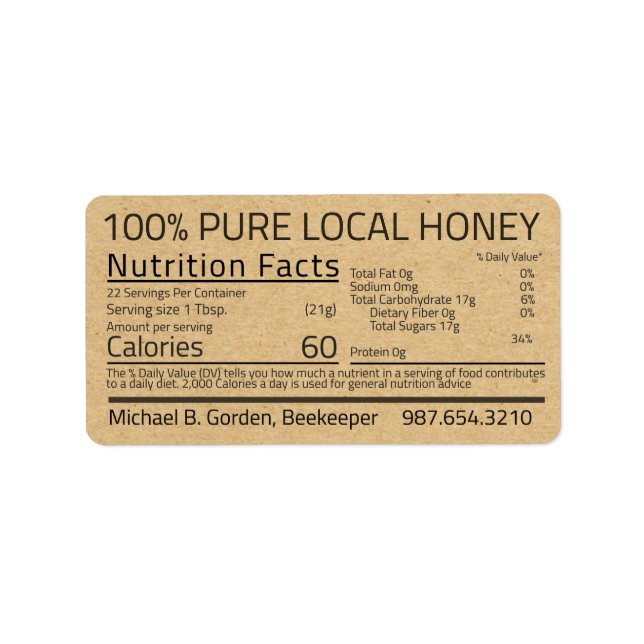 Honey Nutrition Facts Kraft Address Label (Front)