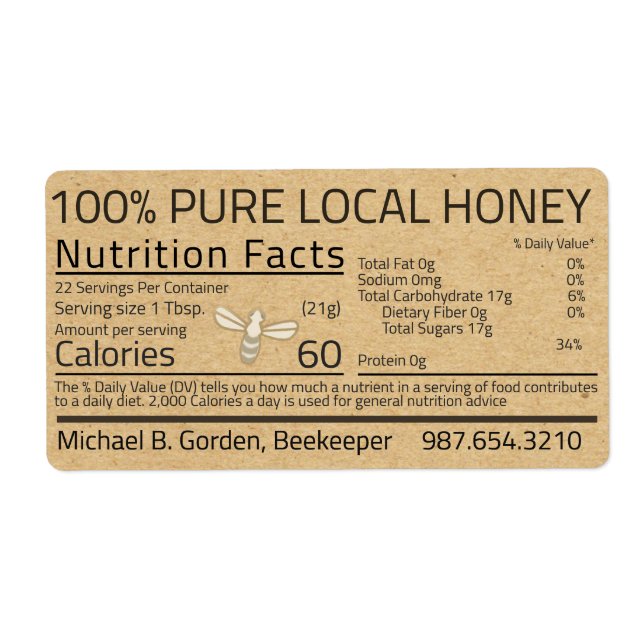 Honey Nutrition Facts Kraft Shipping Label with Be (Front)