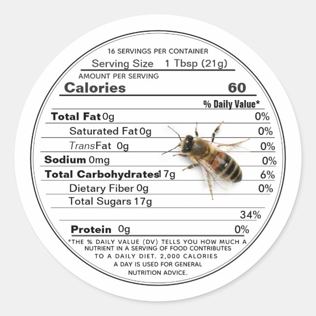 Honey Nutrition Facts Label life-sized bee White (Front)