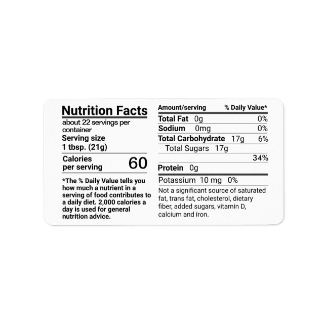 Honey Nutrition Facts Label Small White (Front)