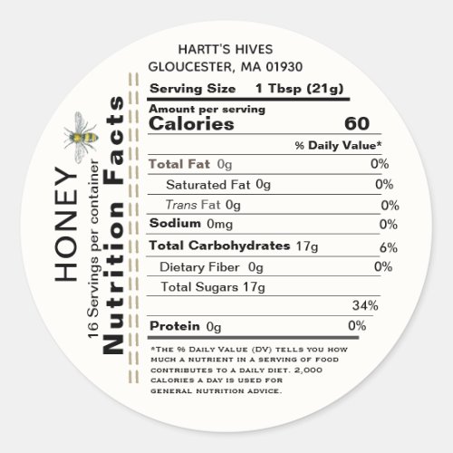 Honey Nutrition Facts Round Label Apiary Name Bee