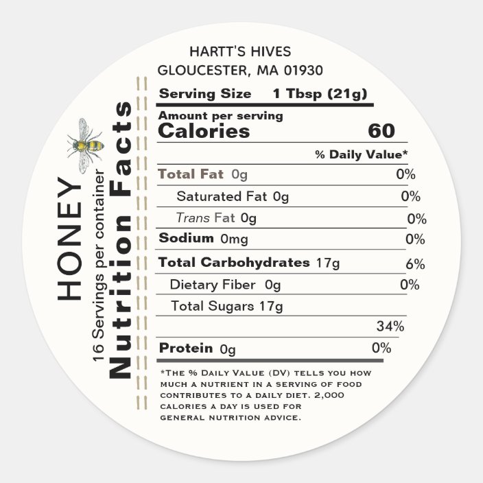 Honey Nutrition Facts Round Label Apiary Name Bee