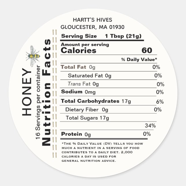 Honey Nutrition Facts Round Label Apiary Name Bee (Front)