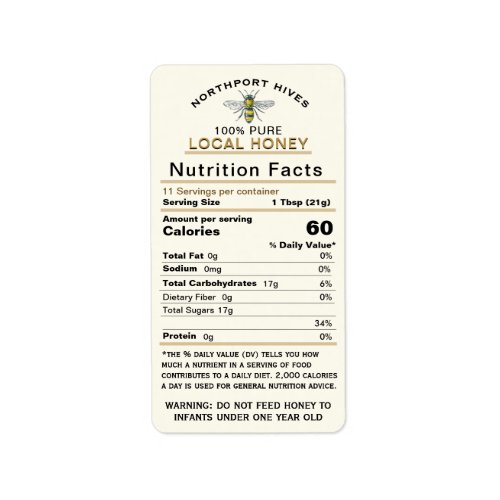 Honey Nutrition Facts with Infant Warning  Bee La Label