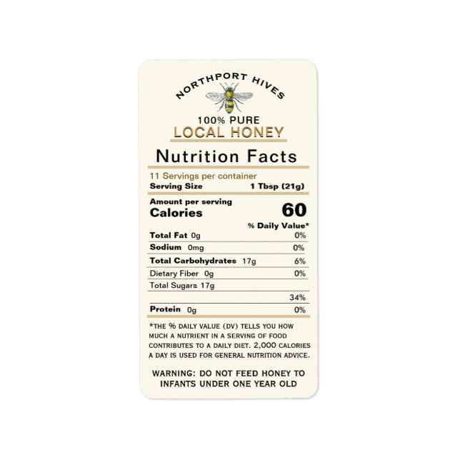 Honey Nutrition Facts with Infant Warning & Bee La Label (Front)