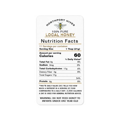 Honey Nutrition Facts with Infant Warning  Bee Label