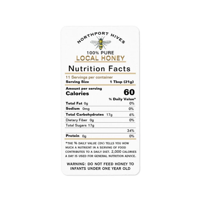 Honey Nutrition Facts with Infant Warning & Bee Label (Front)