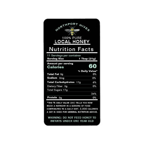 Honey Nutrition Facts with Infant Warning  Bee    Label
