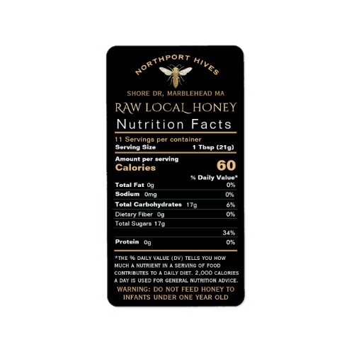Honey Nutrition Facts with Infant Warning  Bee    Label