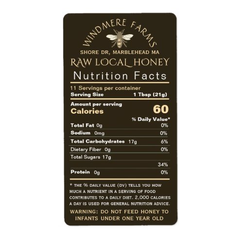 Honey Nutrition Infant Warning  Bee Shipping Size Label