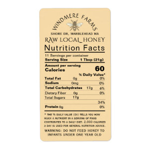 Honey Nutrition Infant Warning & Bee Shipping Size Label
