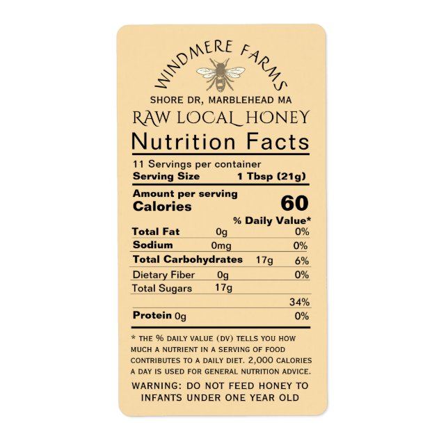 Honey Nutrition Infant Warning & Bee Shipping Size Label (Front)
