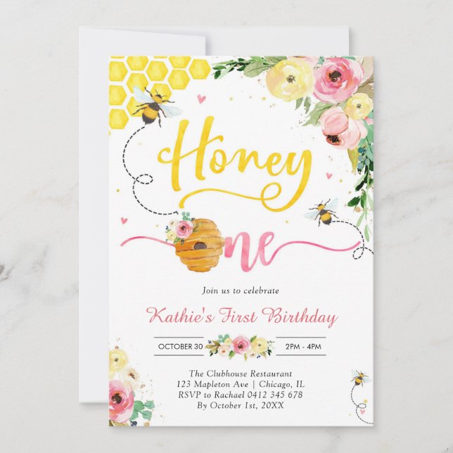Honey One Honey Bee 1st Birthday Invitation (Front)