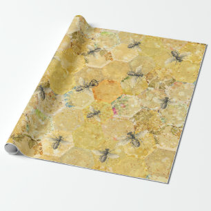 Honey Queen Bee Floral Honeycomb Gold Wrapping Paper