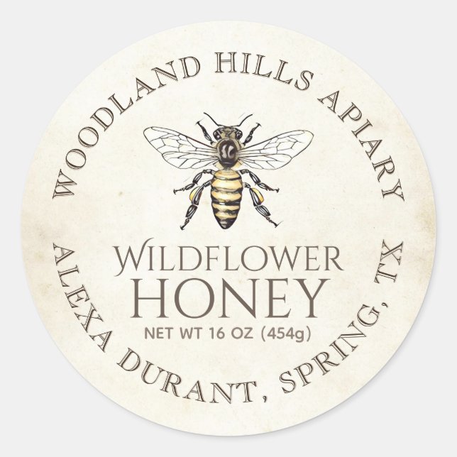 Honey Queen Bee on 1930s Antiqued Ivory Parchment  Classic Round Sticker (Front)