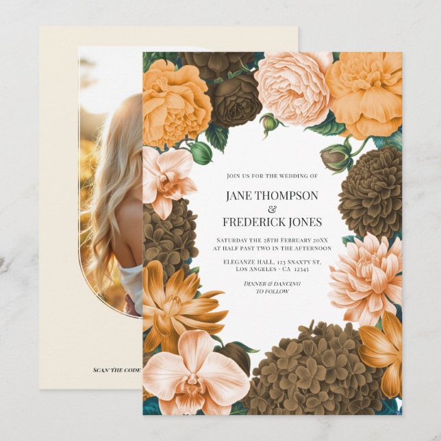 Honey Rose, Apricot Fleur & Toffee Bloom Wedding Invitation (Front/Back)