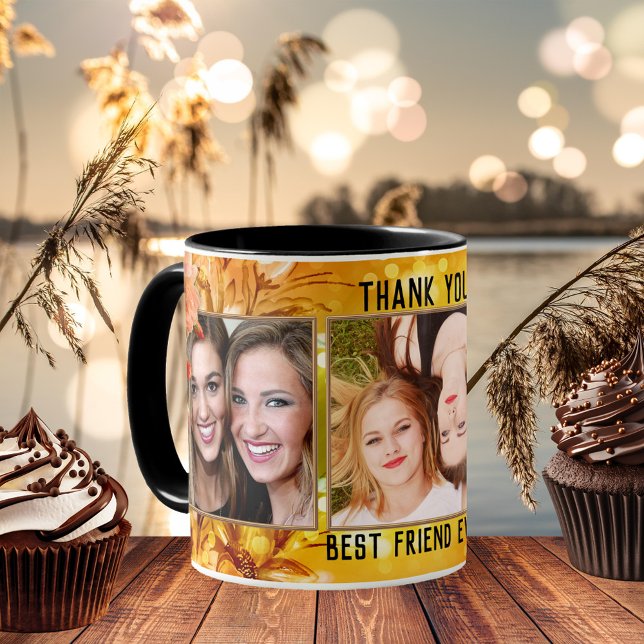 Honey Sweet Best Friend Thank You Photo Coffee Mug (Best friends photo mug featuring your own photos framed by a honey sweet floral design with roses)