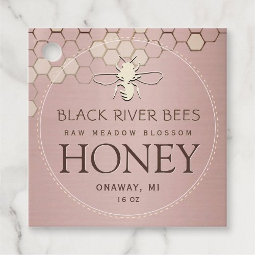 Honey Tag Honeycomb with Bee on Rose Gold