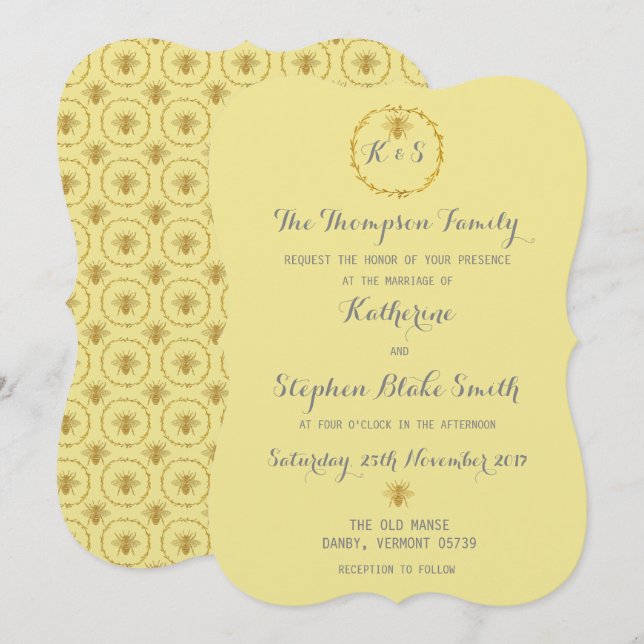 Honey Toffee Gold Foil Golden Bees Wedding Invitation (Front/Back)
