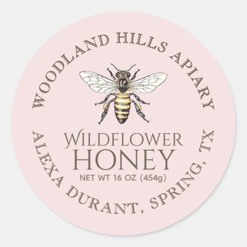 Honey Vintage Queen Bee Rose Pink background   Classic Round Sticker