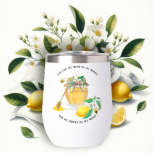 Honey w Cute Bees Lemon Floral n Foliage  Thermal Wine Tumbler