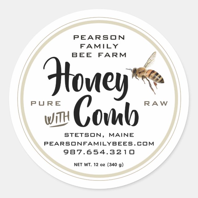 Honey with Comb Label Flying Bee on White (Front)