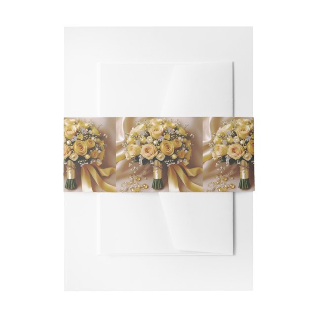 Honey Yellow Roses Wedding Bouquet, Invitation Belly Band (Front Example)