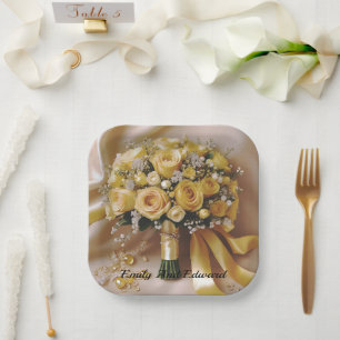 Honey Yellow Roses Wedding Bouquet, Paper Plates