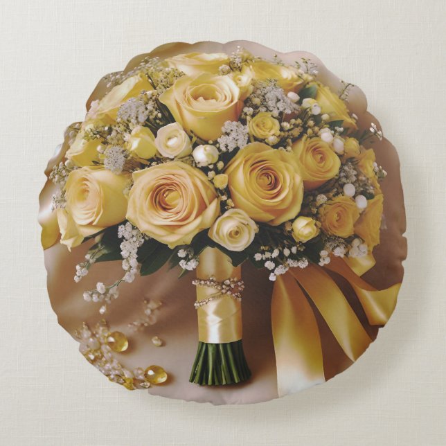 Honey Yellow Roses Wedding Bouquet, Round Pillow (Front)