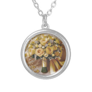 Honey Yellow Roses Wedding Bouquet, Silver Plated Necklace