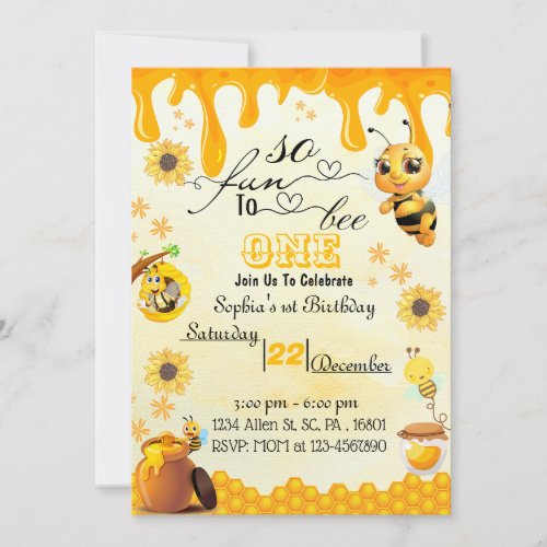 Honeybee 1st Birthday  Invitation for Boy  Girl