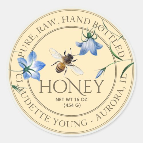 Honeybee and Blue Flowers Honey Pale Yellow Label