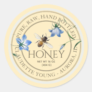 Honeybee and Blue Flowers Honey Pale Yellow Label