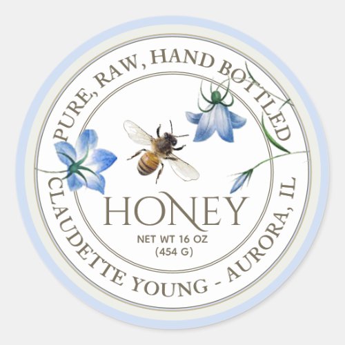 Honeybee and Blue Flowers Honey White and Blue Cla Classic Round Sticker