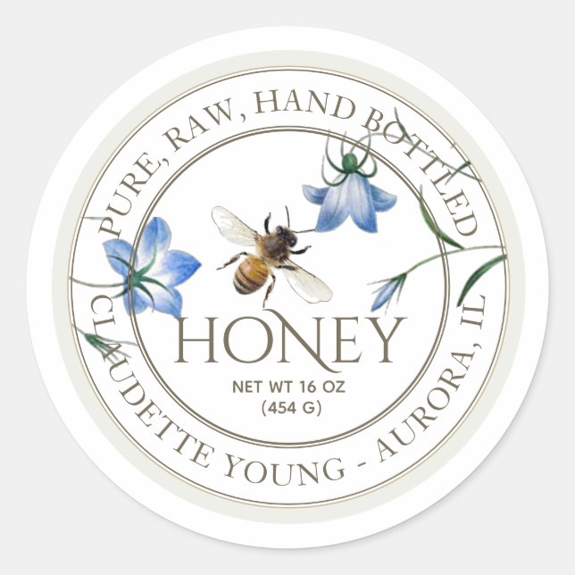 Honeybee and Blue Flowers Honey White Label (Front)